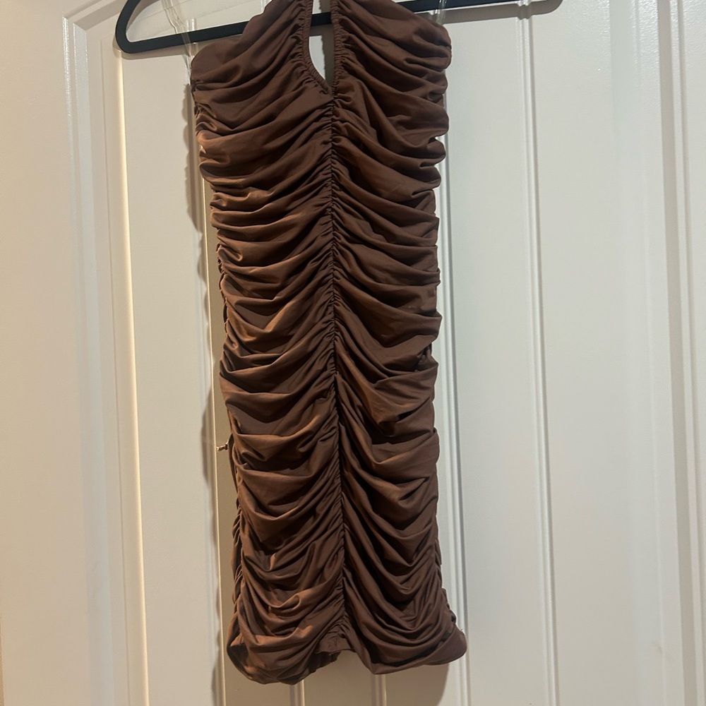 Ruched Halter Mini Dress in Chocolate Brown